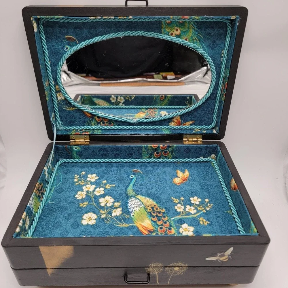 Vtg Wooden Jewelry Box Custom Hand Painted Black Gold Dragonfly Peacock